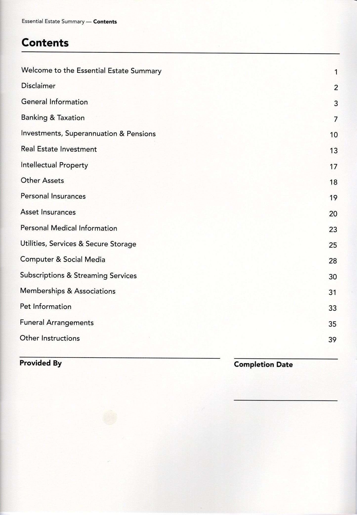 Essential Estate Summary contents page