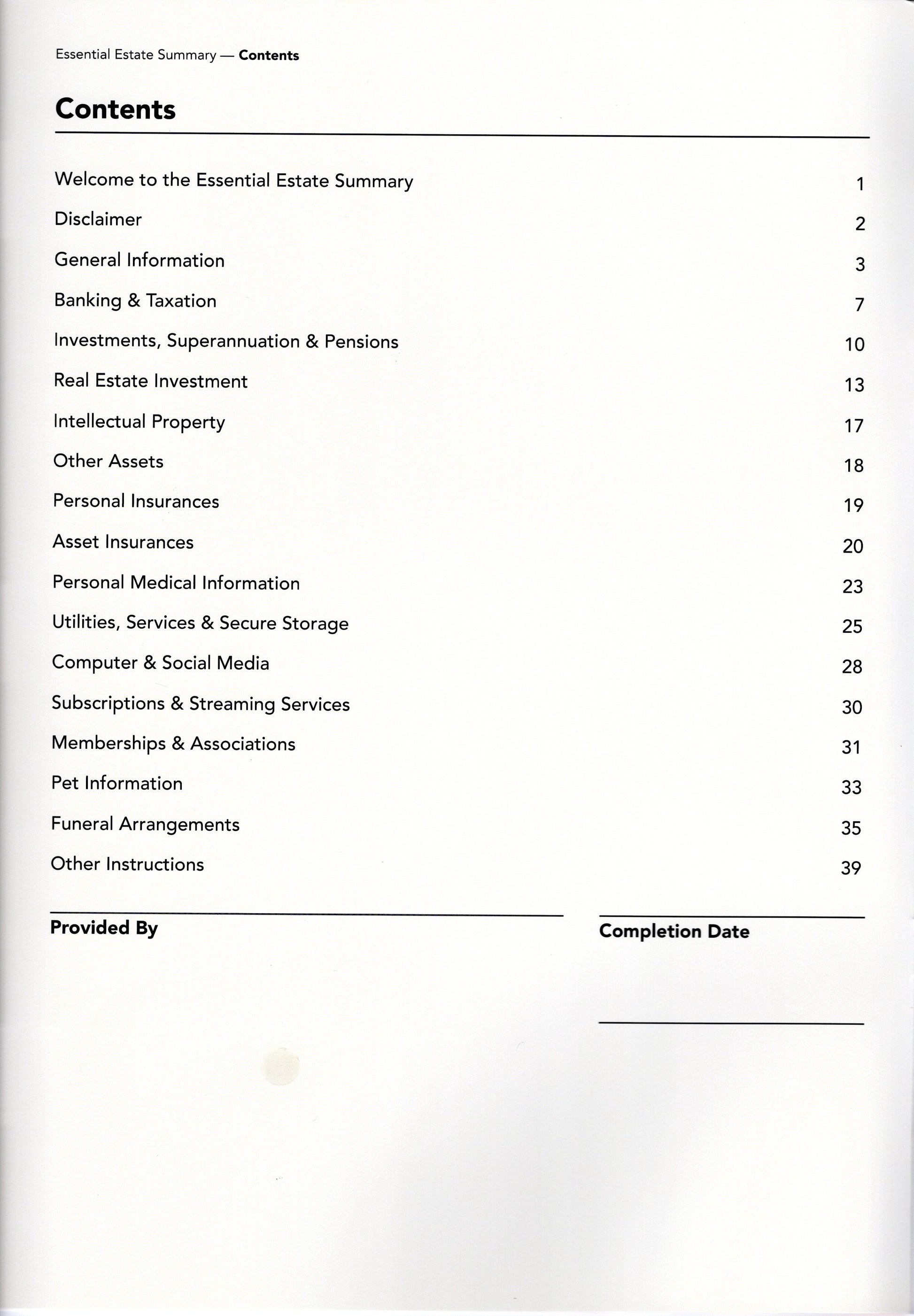 Essential Estate Summary contents page