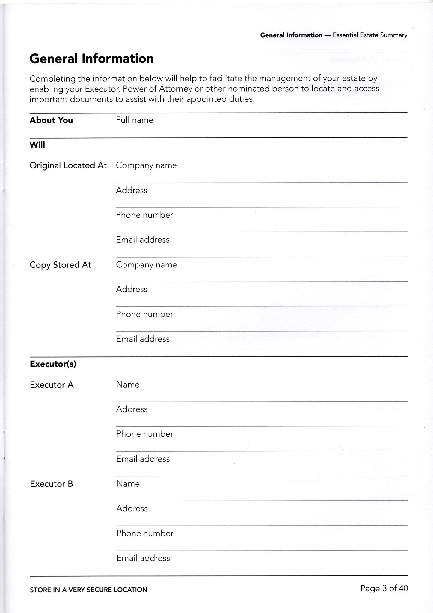 Essential Estate Summary General information page