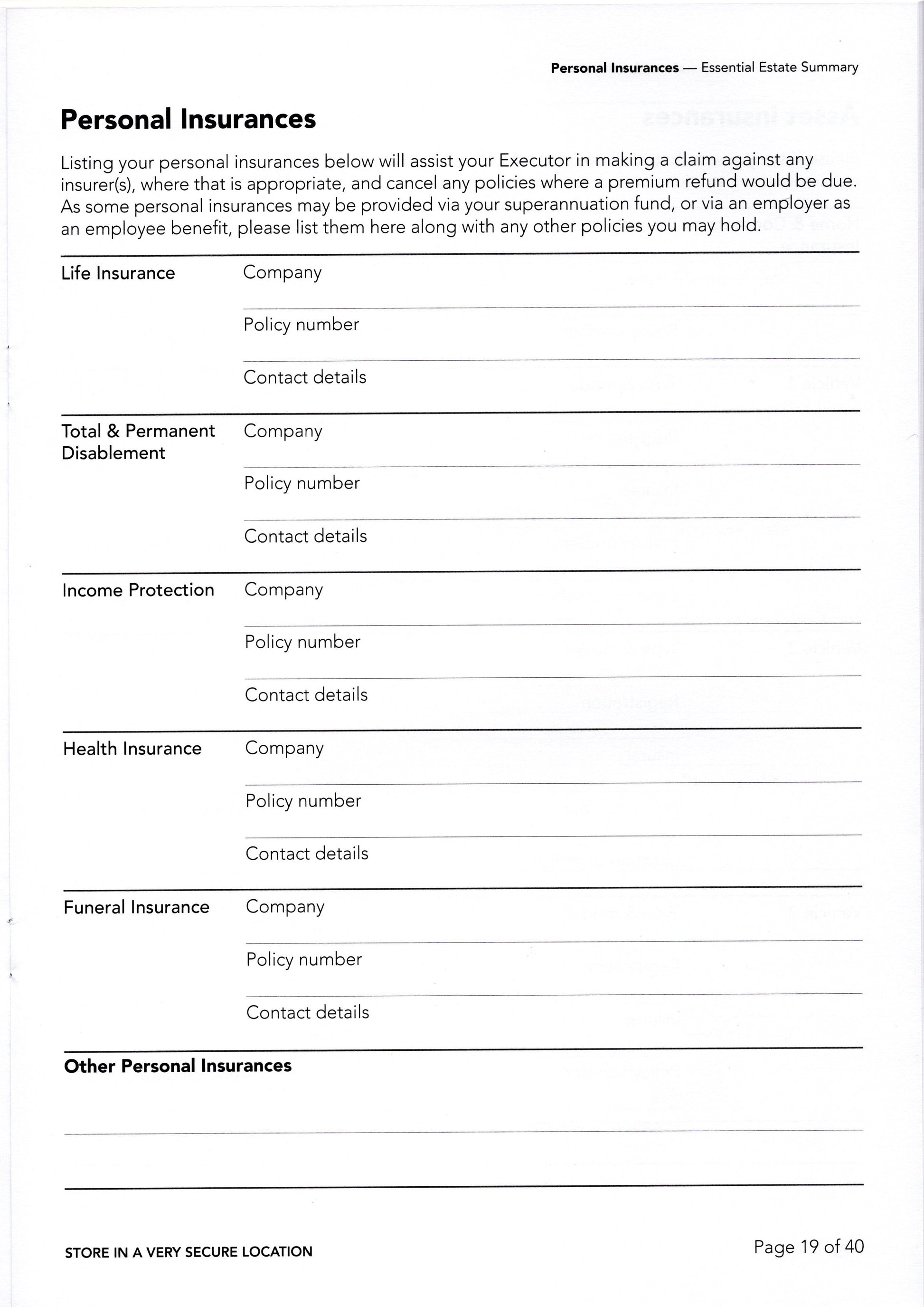 Essential Estate Summary Personal insurances page