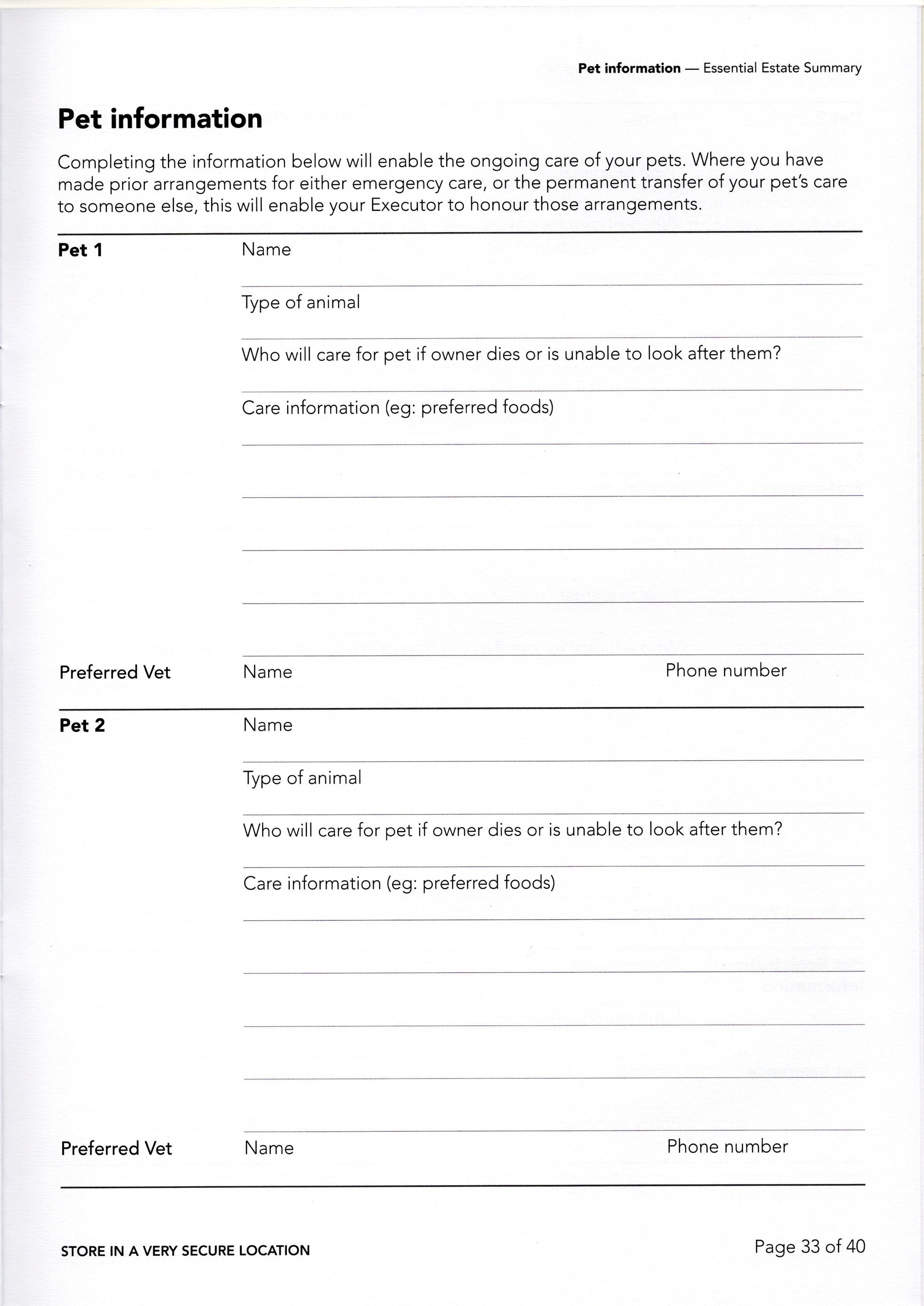 Essential Estate Summary Pet information page
